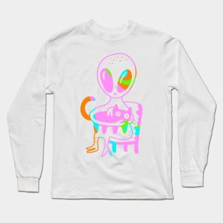 Alien sitting on a chair stroking a cat - trippy, psychodelic colors cute gift Long Sleeve T-Shirt